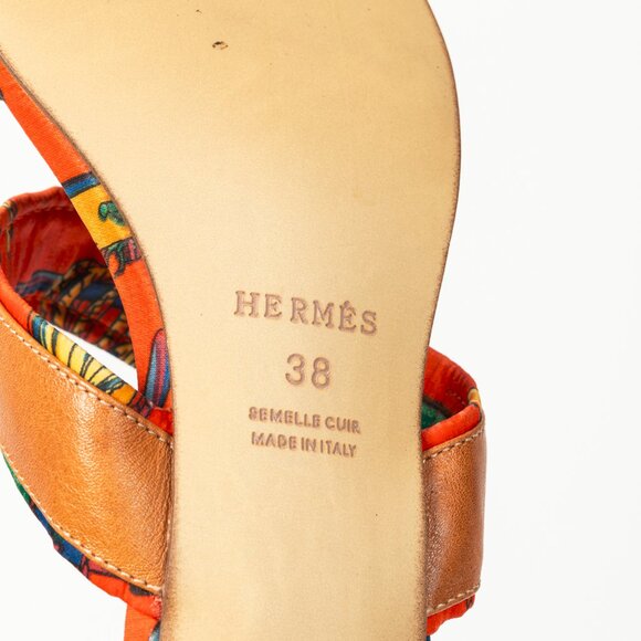 Hermes Brown Leather & Orange Printed-Silk Mule Sandals - Picture 6 of 11